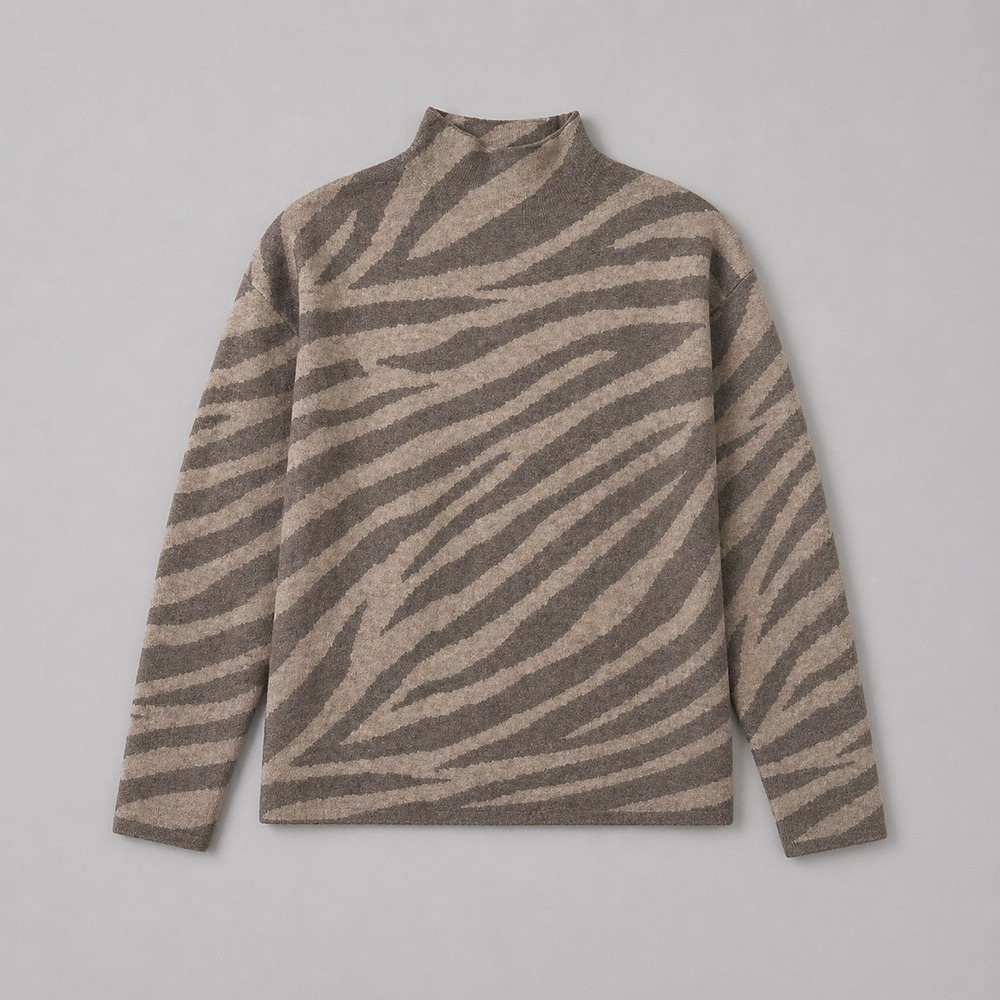 Tahari XS Zebra Print Mock Neck‎ Sweater Taupe Beige Long Sleeve Knit Top - Picture 2 of 10